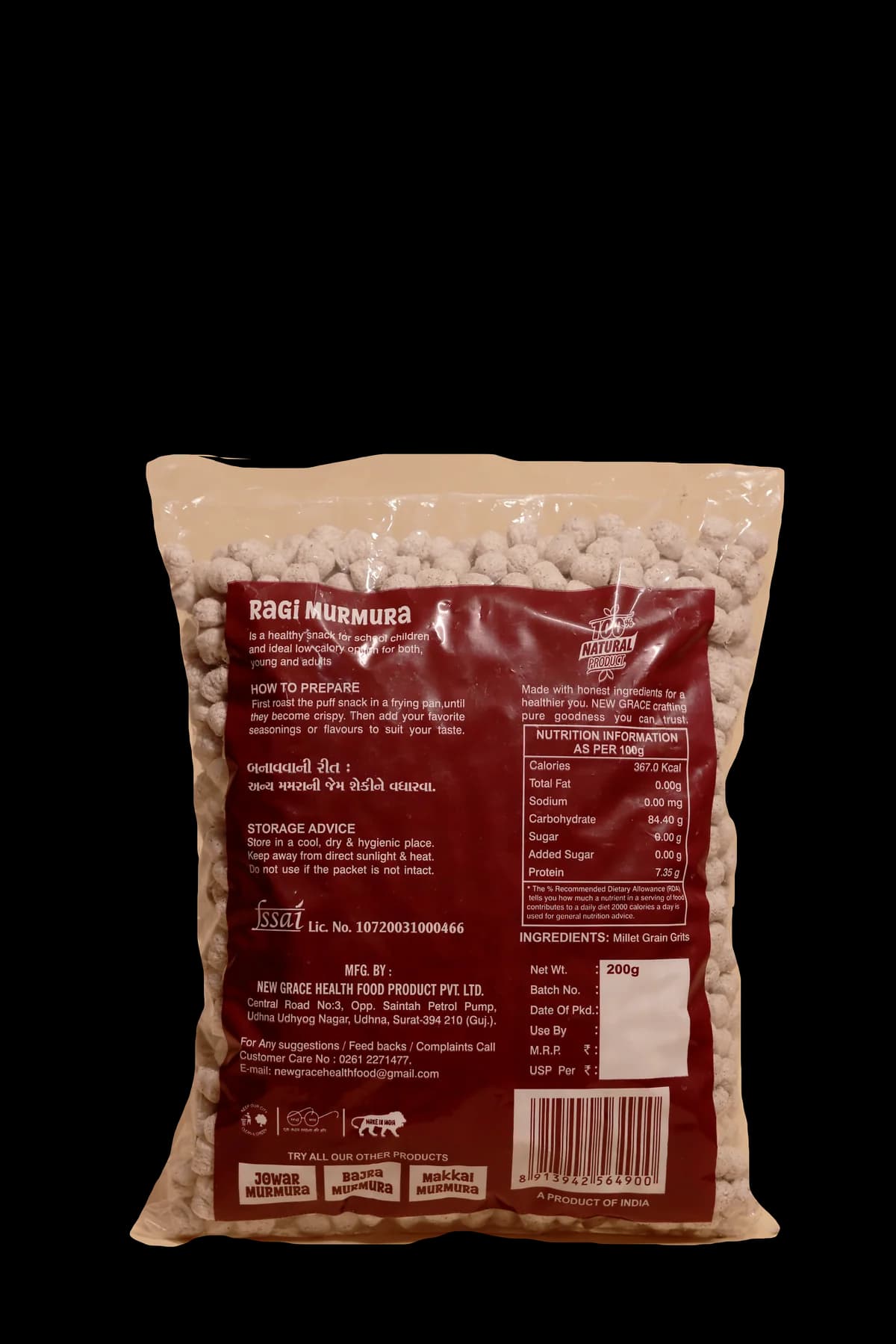 Grace Ragi Murmura — nutrition facts on the back of pack